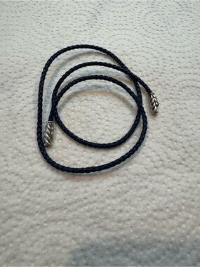 David Yurman Navy Braided Leather Bracelet with Silver End Cap